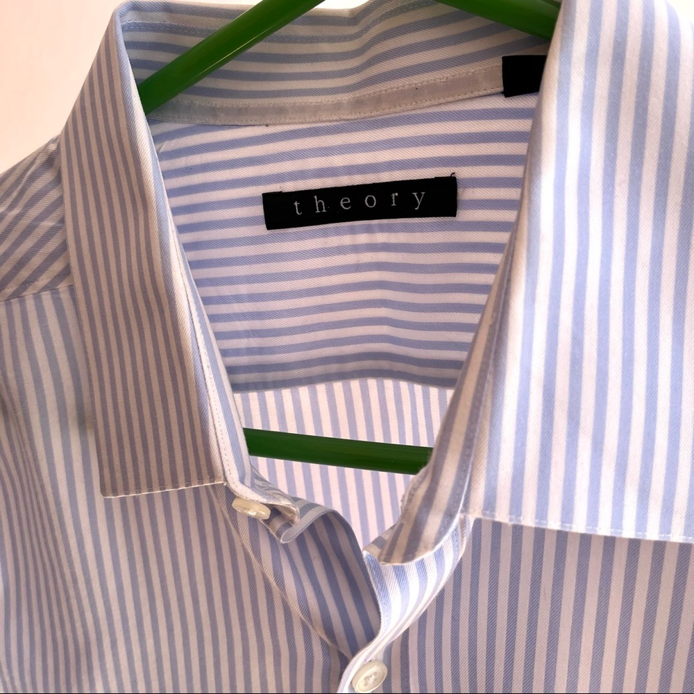 Mens Theory cotton button down collar shirt blue & white stripes size 16 32-33
